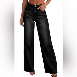 SIDEFEEL Black Wide Leg Frayed Hem Jeans